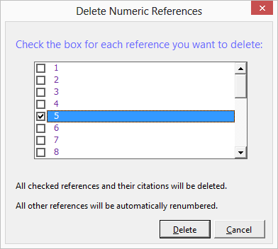Delete Numeric References dialog